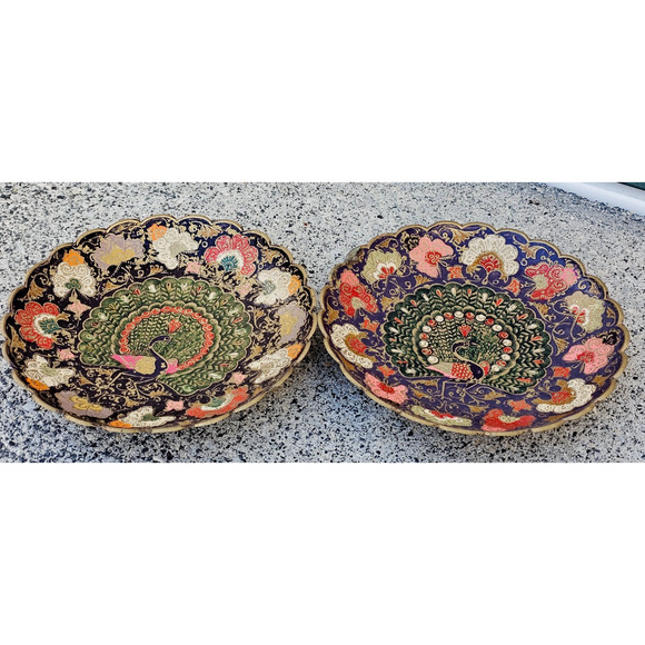 Set of 2 VTG Solid Brass Enameled Decorative Peacock Dish Trinket Bowl 7.5" - Picture 1 of 5